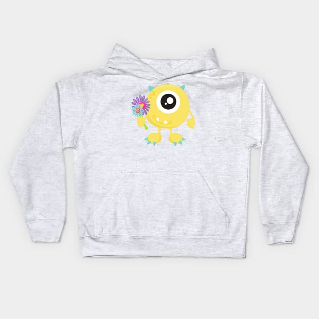 Spring Monster, Yellow Monster, Flowers, Horns Kids Hoodie by Jelena Dunčević